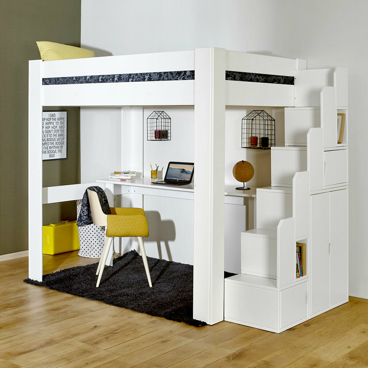 Lit Mezzanine 2 Places Escalier Pack Lit Mezzanine 2 places avec Escalier, Bureau et Matelas Alex. Bois  Massif