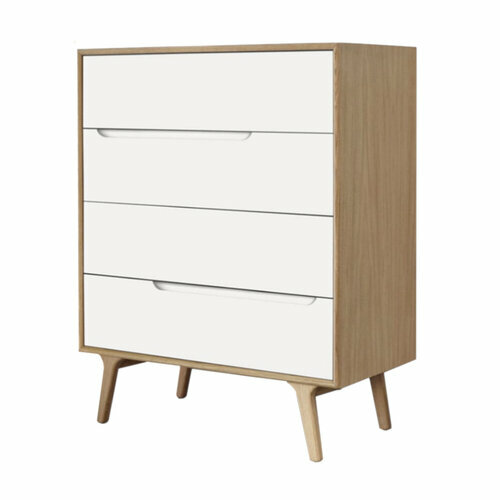 Commode 4 Tiroirs Holda - Vue 3/4 - Blanc et bois