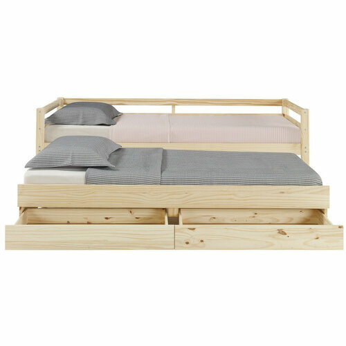 Pack lit banquette gigogne avec matelas Alma bois naturel avec tiroir de rangement