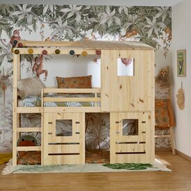Chambre jungle avec Pack lit cabane mi-hauteur avec matelas Alma Bois Naturel