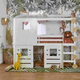 Chambre enfant jungle avec le  Pack lit cabane mi-hauteur avec matelas Alma blanc