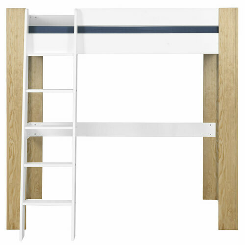 Vue de face du Pack lit mezzanine avec bureau et matelas Ali blanc et bois