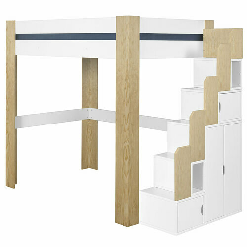 Pack lit mezzanine 2 places avec escalier, bureau et matelas Alex blanc et bois