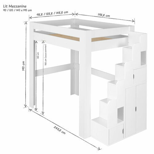 Schma dimensionnel lit mezzanine Alex blanc