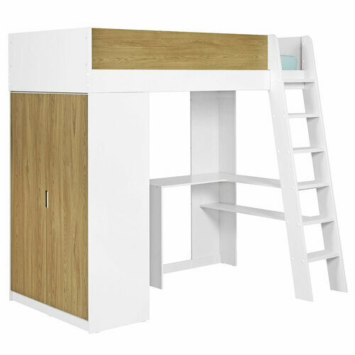 Vue de 3/4 - Lit mezzanine combin Memphis blanc et bois