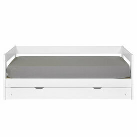 Vue de face du pack lit banquette gigogne avec tiroir et matelas ouverts RAVI blanc