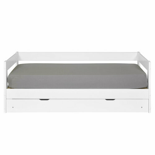 Vue de face du pack lit banquette gigogne avec tiroir et matelas ouverts RAVI blanc