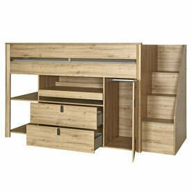 Lit mi-hauteur combin avec tiroirs et bureau ouverts  Mael coloris chne