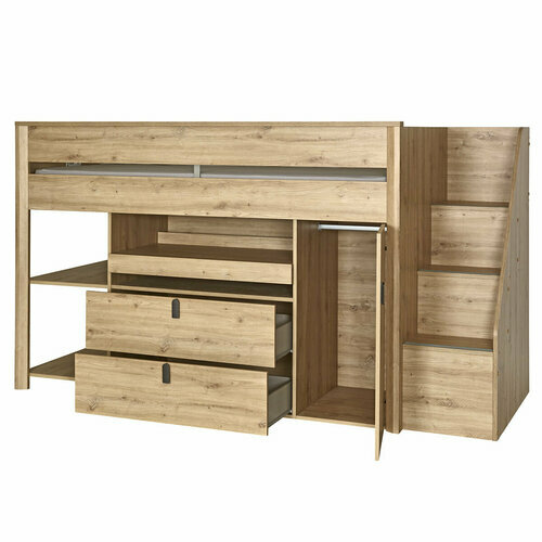 Lit mi-hauteur combin avec tiroirs et bureau ouverts  Mael coloris chne
