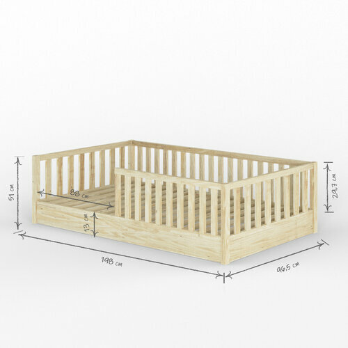 Schma dimensionnel Lit enfant montessori Romo sans pieds bois