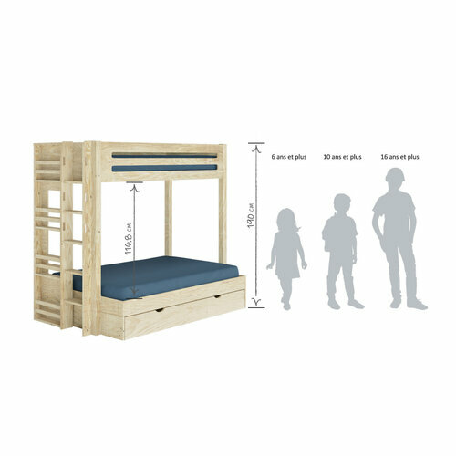 Schma dimensionnel, silhouette humaine : Lit superpos gigogne 4 places Isa Bois