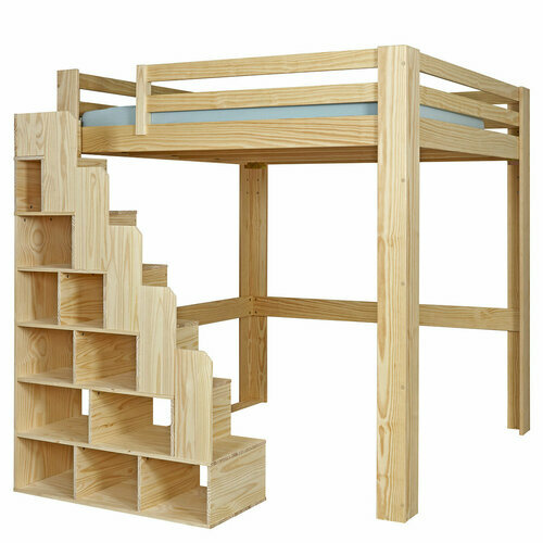 Vue chelle de 3/4 gauche positionnement sommier bas  - Lit mezzanine 2 places avec escalier Suri Bois naturel