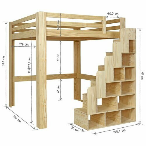 Dimensions - Lit mezzanine 2 places avec escalier Suri Bois naturel