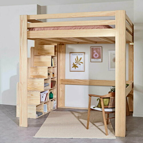 Ambiance avec chelle vue de face - Lit mezzanine 2 places avec escalier Suri Bois naturel