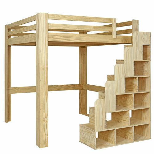 Lit mezzanine 2 places avec escalier sans matelas Suri Bois naturel
