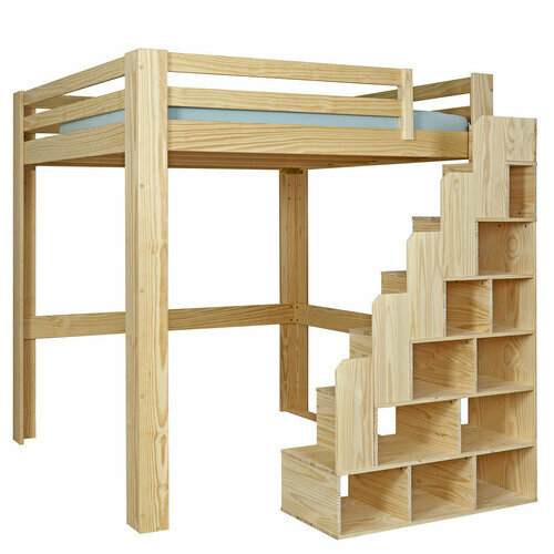 Lit mezzanine 2 places avec escalier Suri Bois naturel - Lit mezzanine 2 places avec escalier Suri
