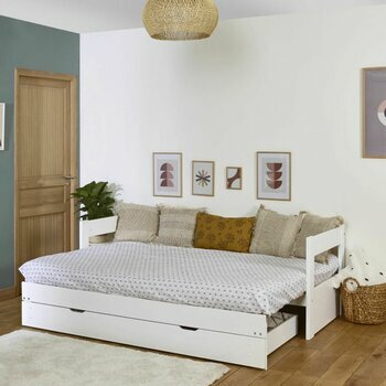 Pack lit banquette gigogne avec tiroir et matelas Ravi