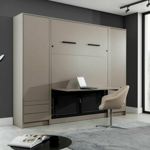 Ambiance - Lit escamotable avec bureau et 2 colonnes ferm Goya Taupe