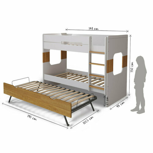 Schma dimensionnel - Pack lit superpos gigogne avec matelas LEJI blanc et noisette