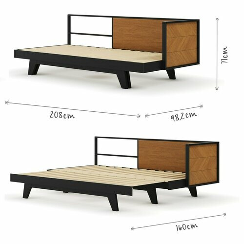 Schma dimensionnel - Pack lit mridienne gigogne avec matelas Noir et noisette Clark