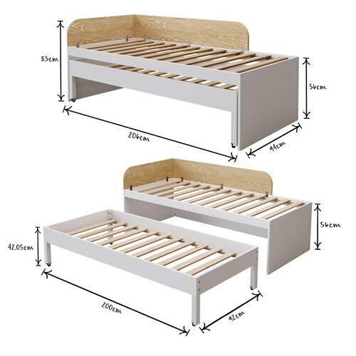 Schma dimensionnel - Lit gigogne Noha Blanc et bois