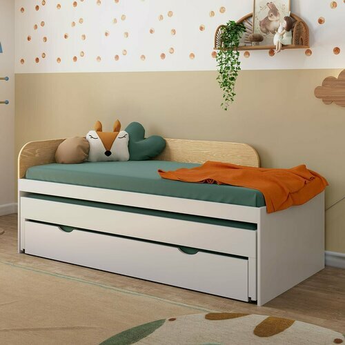Ambiance - Pack lit gigogne avec tiroir et matelas Noha Blanc et bois