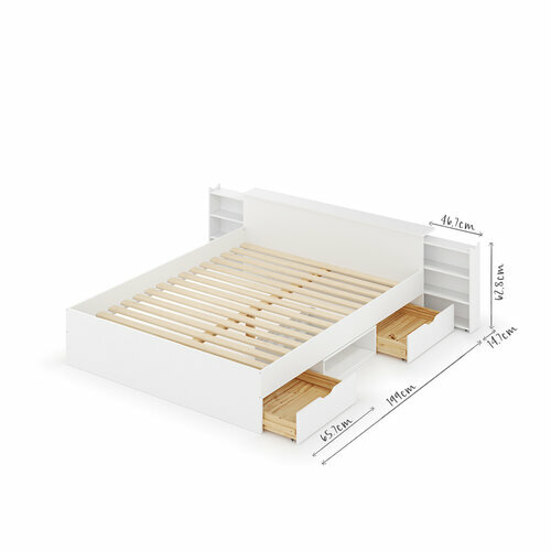 Schma dimensionnel - Lit avec rangement et 2 tiroirs ouverts Jennifer