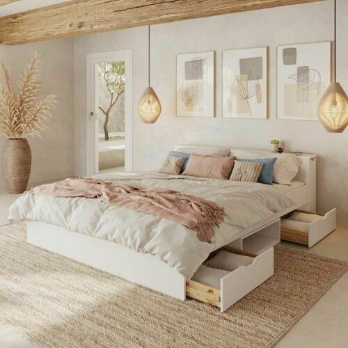 Ambiance - Lit avec rangement et 4 tiroirs ouverts coloris Blanc Judy