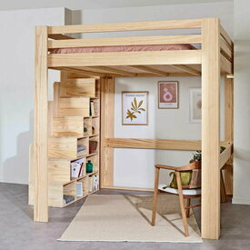 Ambiance avec échelle vue de face - Lit mezzanine 2 places avec escalier Suri Bois naturel Ambiance avec échelle vue de face - Lit mezzanine 2 places avec escalier Suri Bois naturel