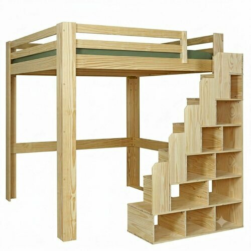 Lit mezzanine 2 places avec escalier Suri Bois naturel - Lit mezzanine avec escalier Suri